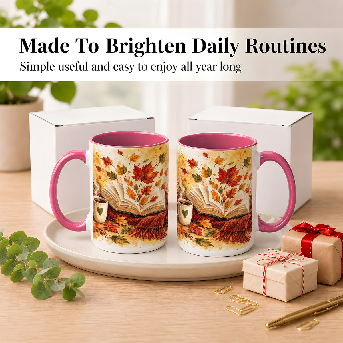 #pl[15oz|Pink] Autumn Reading Coffee Mug, Cozy Book Mug, Ceramic Cup