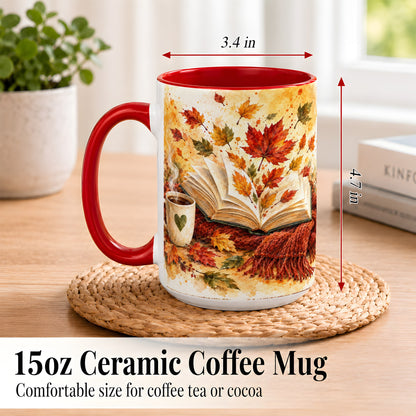 #pl[15oz|Red] Autumn Reading Coffee Mug, Cozy Book Mug, Ceramic Cup