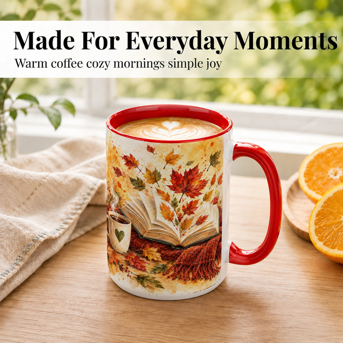#pl[15oz|Red] Autumn Reading Coffee Mug, Cozy Book Mug, Ceramic Cup