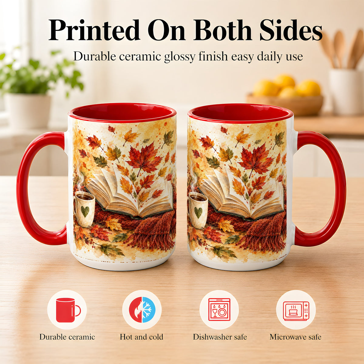 #pl[15oz|Red] Autumn Reading Coffee Mug, Cozy Book Mug, Ceramic Cup