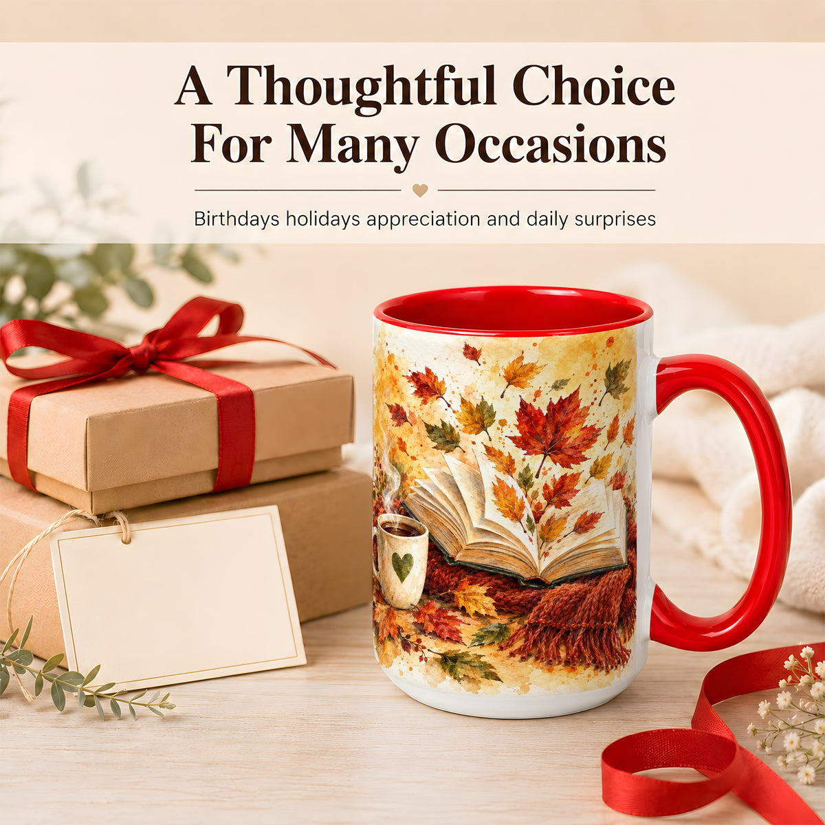 #pl[15oz|Red] Autumn Reading Coffee Mug, Cozy Book Mug, Ceramic Cup