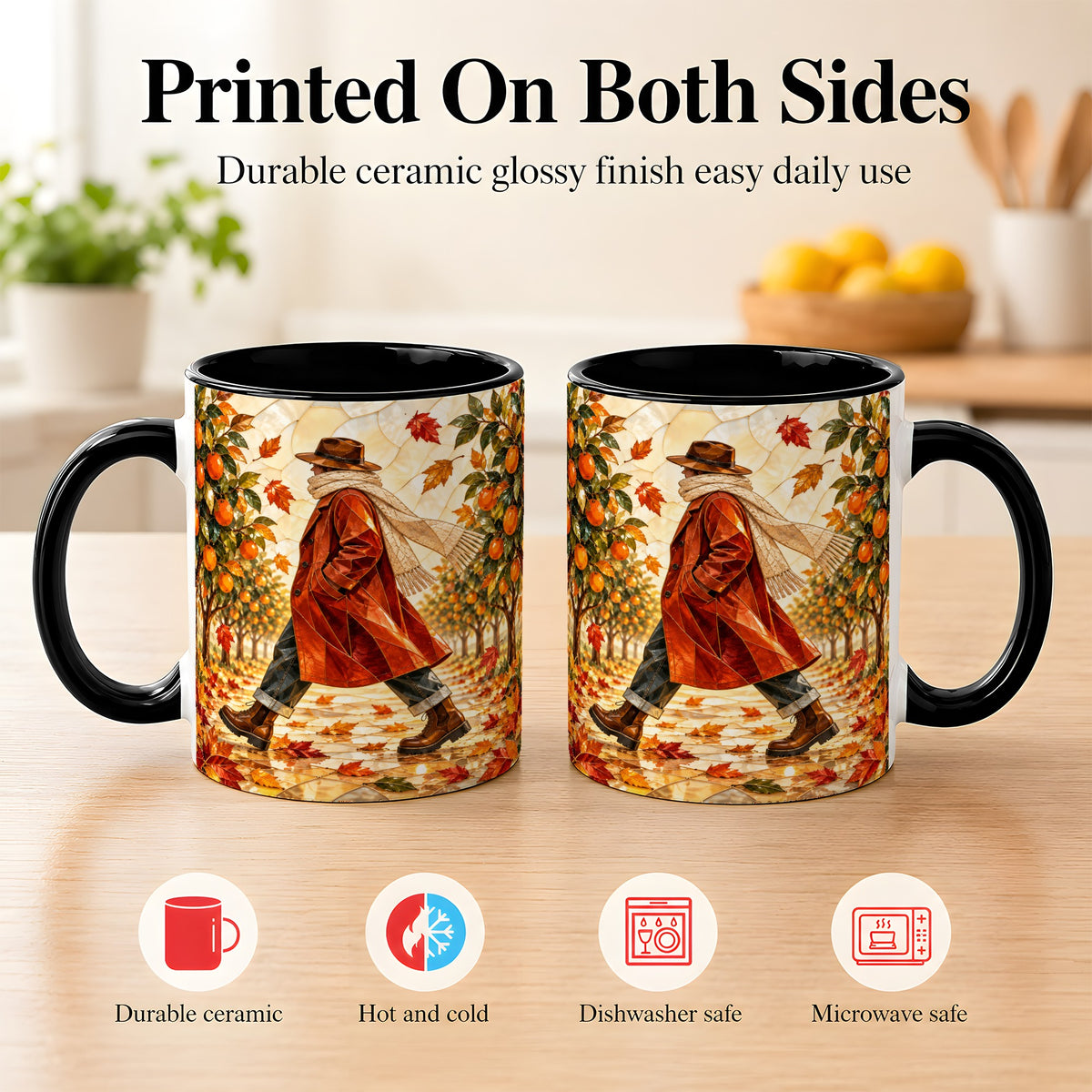 #pl[11oz|Black] Stained Glass Orchard Coffee Mug, Citrus Walk Mug, Ceramic Cup