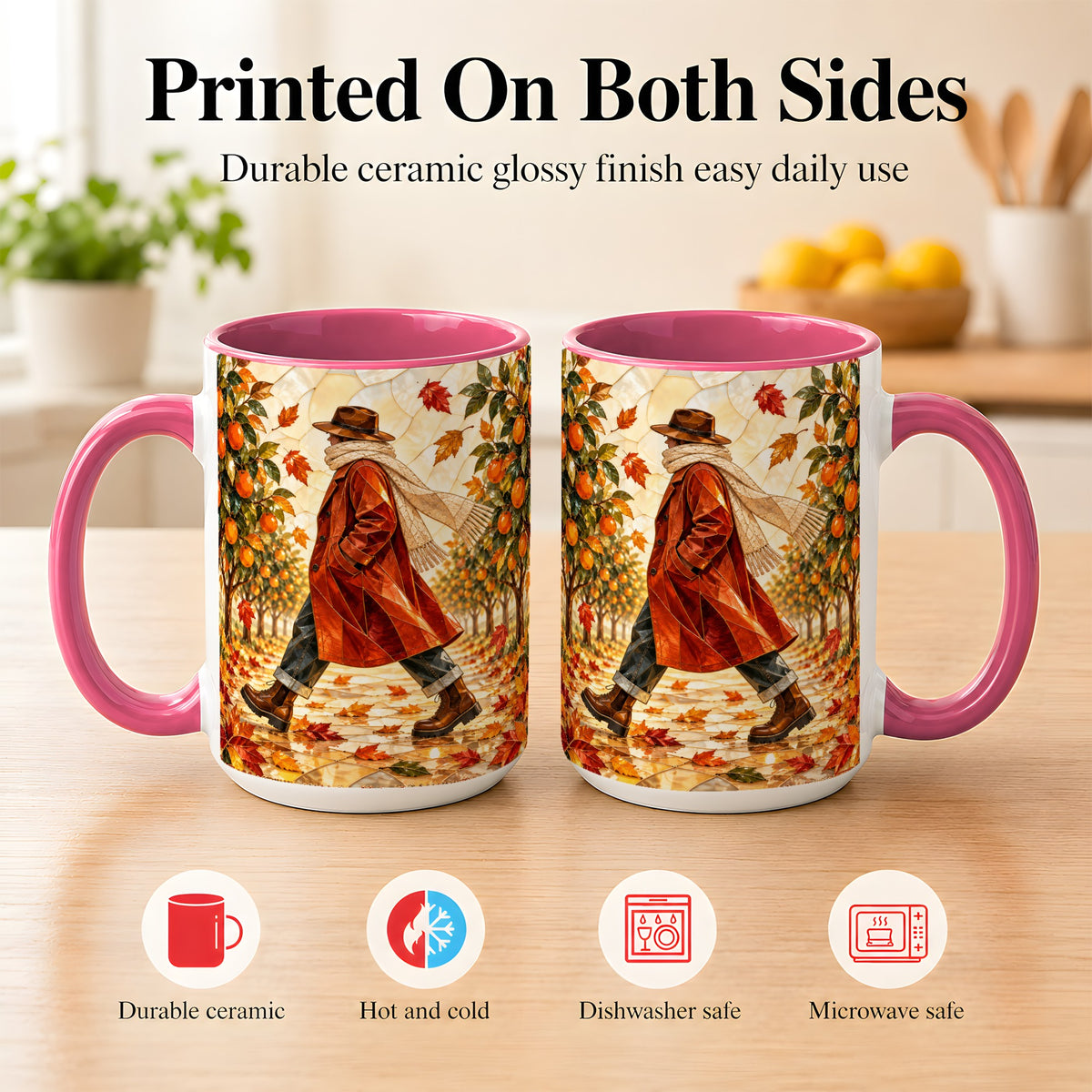 #pl[15oz|Pink] Stained Glass Orchard Coffee Mug, Citrus Walk Mug, Ceramic Cup