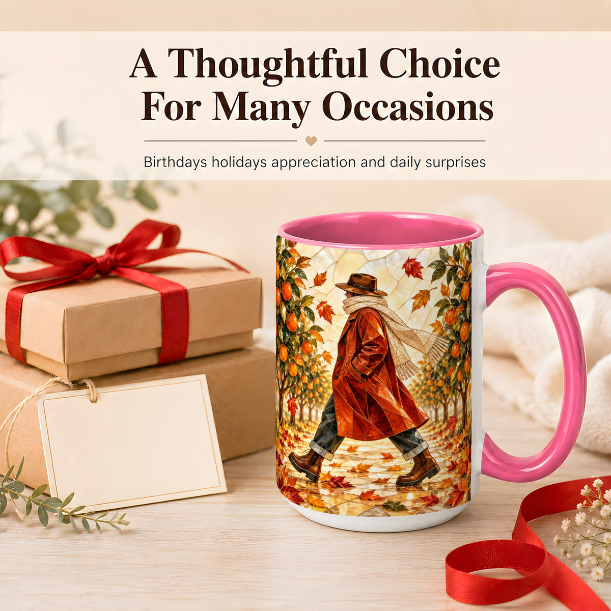 #pl[15oz|Pink] Stained Glass Orchard Coffee Mug, Citrus Walk Mug, Ceramic Cup