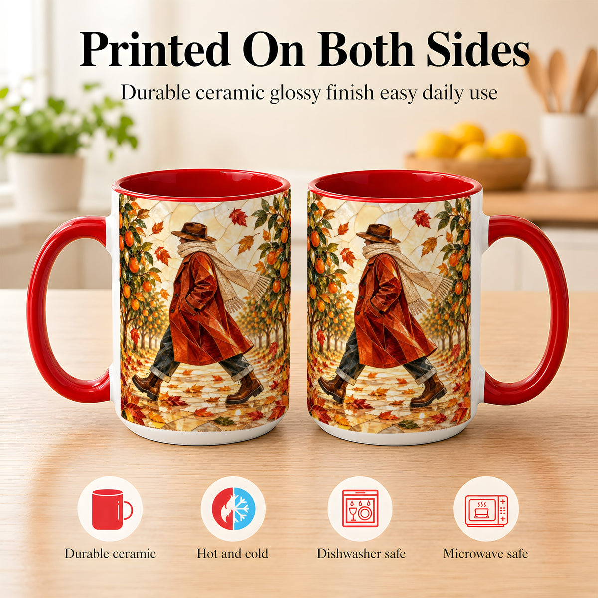 #pl[15oz|Red] Stained Glass Orchard Coffee Mug, Citrus Walk Mug, Ceramic Cup