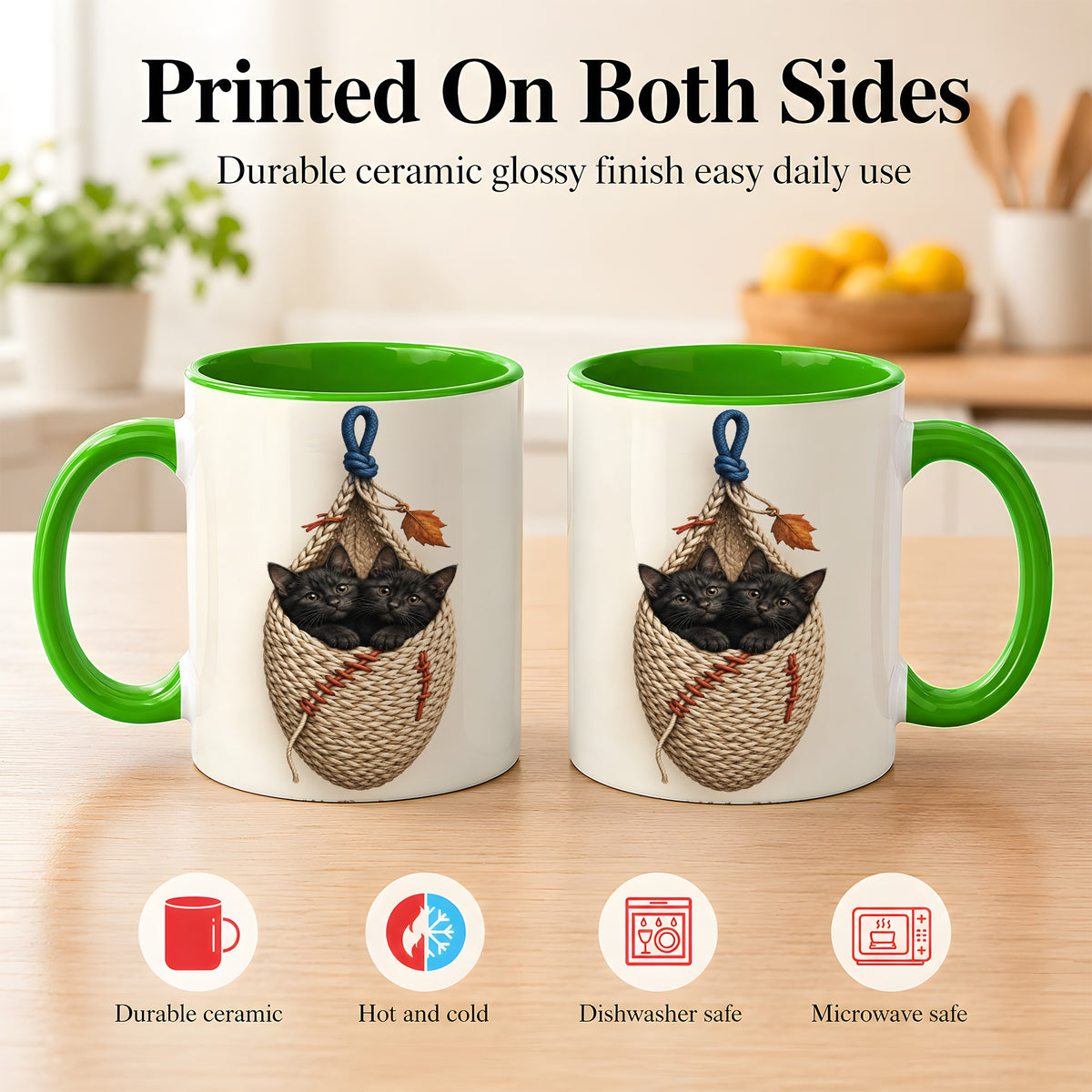 #pl[11oz|Green] Black Kittens Coffee Mug, Cat Basket Mug, Ceramic Cup