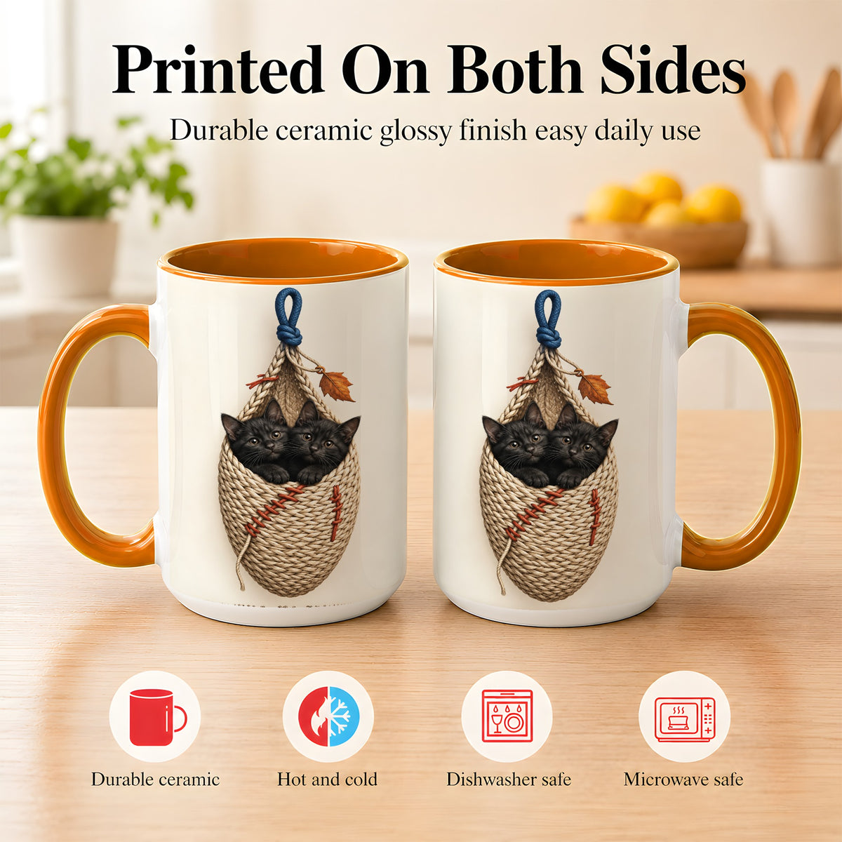 #pl[15oz|Orange] Black Kittens Coffee Mug, Cat Basket Mug, Ceramic Cup