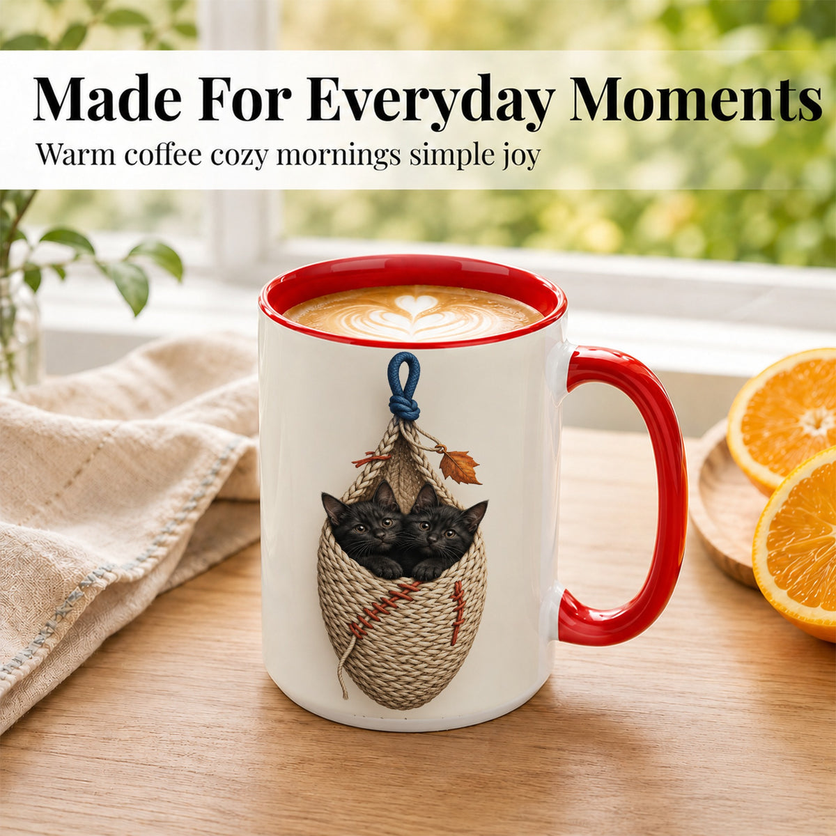 #pl[15oz|Red] Black Kittens Coffee Mug, Cat Basket Mug, Ceramic Cup