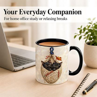 #pl[11oz|Black] Stained Glass Black Cats Coffee Mug, Cat Basket Mug, Ceramic Cup