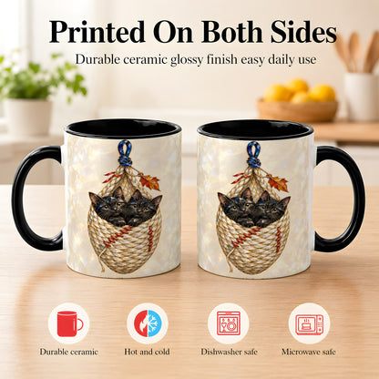 #pl[11oz|Black] Stained Glass Black Cats Coffee Mug, Cat Basket Mug, Ceramic Cup