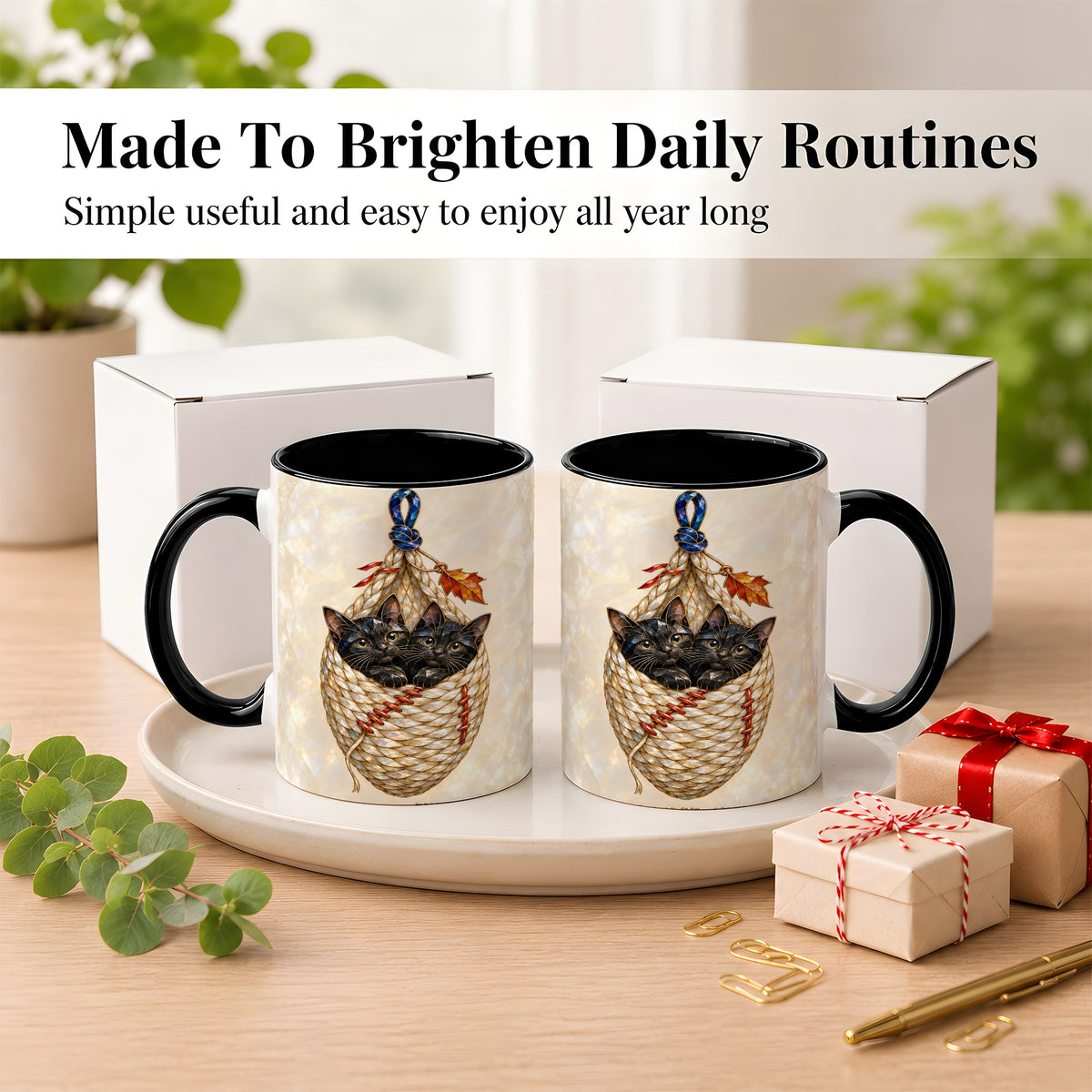 #pl[11oz|Black] Stained Glass Black Cats Coffee Mug, Cat Basket Mug, Ceramic Cup