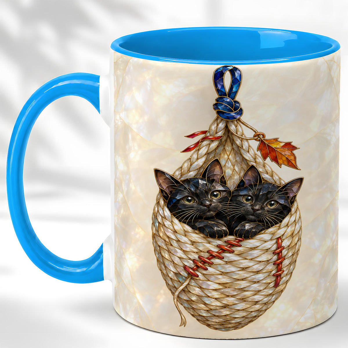 #pl[11oz|Blue] Stained Glass Black Cats Coffee Mug, Cat Basket Mug, Ceramic Cup