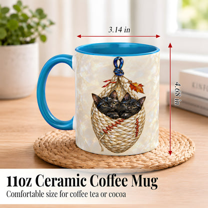 #pl[11oz|Blue] Stained Glass Black Cats Coffee Mug, Cat Basket Mug, Ceramic Cup