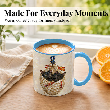#pl[11oz|Blue] Stained Glass Black Cats Coffee Mug, Cat Basket Mug, Ceramic Cup