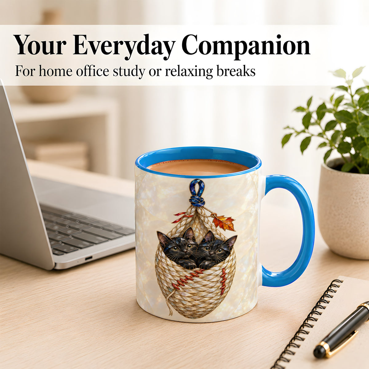 #pl[11oz|Blue] Stained Glass Black Cats Coffee Mug, Cat Basket Mug, Ceramic Cup