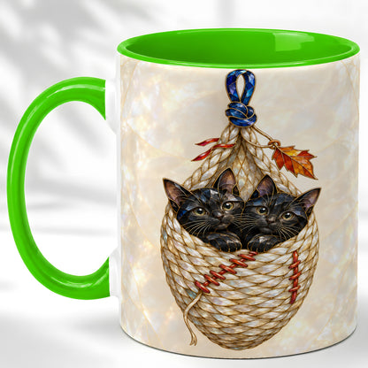 #pl[11oz|Green] Stained Glass Black Cats Coffee Mug, Cat Basket Mug, Ceramic Cup