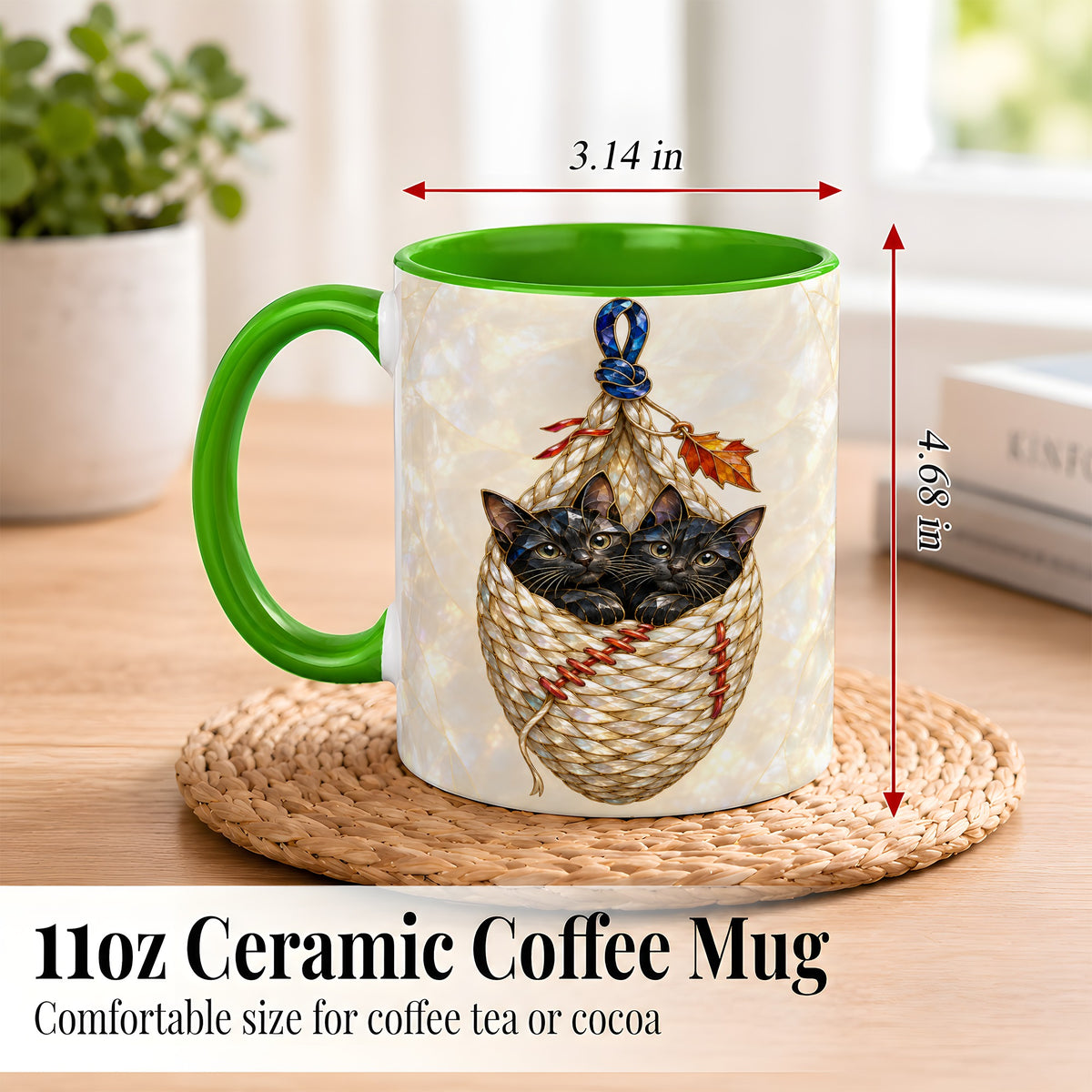 #pl[11oz|Green] Stained Glass Black Cats Coffee Mug, Cat Basket Mug, Ceramic Cup