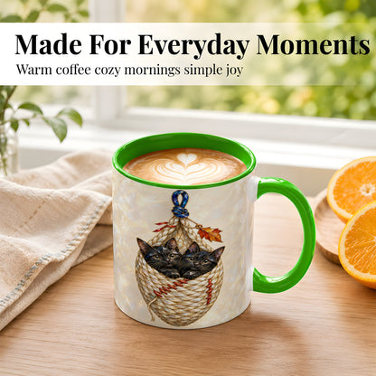 #pl[11oz|Green] Stained Glass Black Cats Coffee Mug, Cat Basket Mug, Ceramic Cup