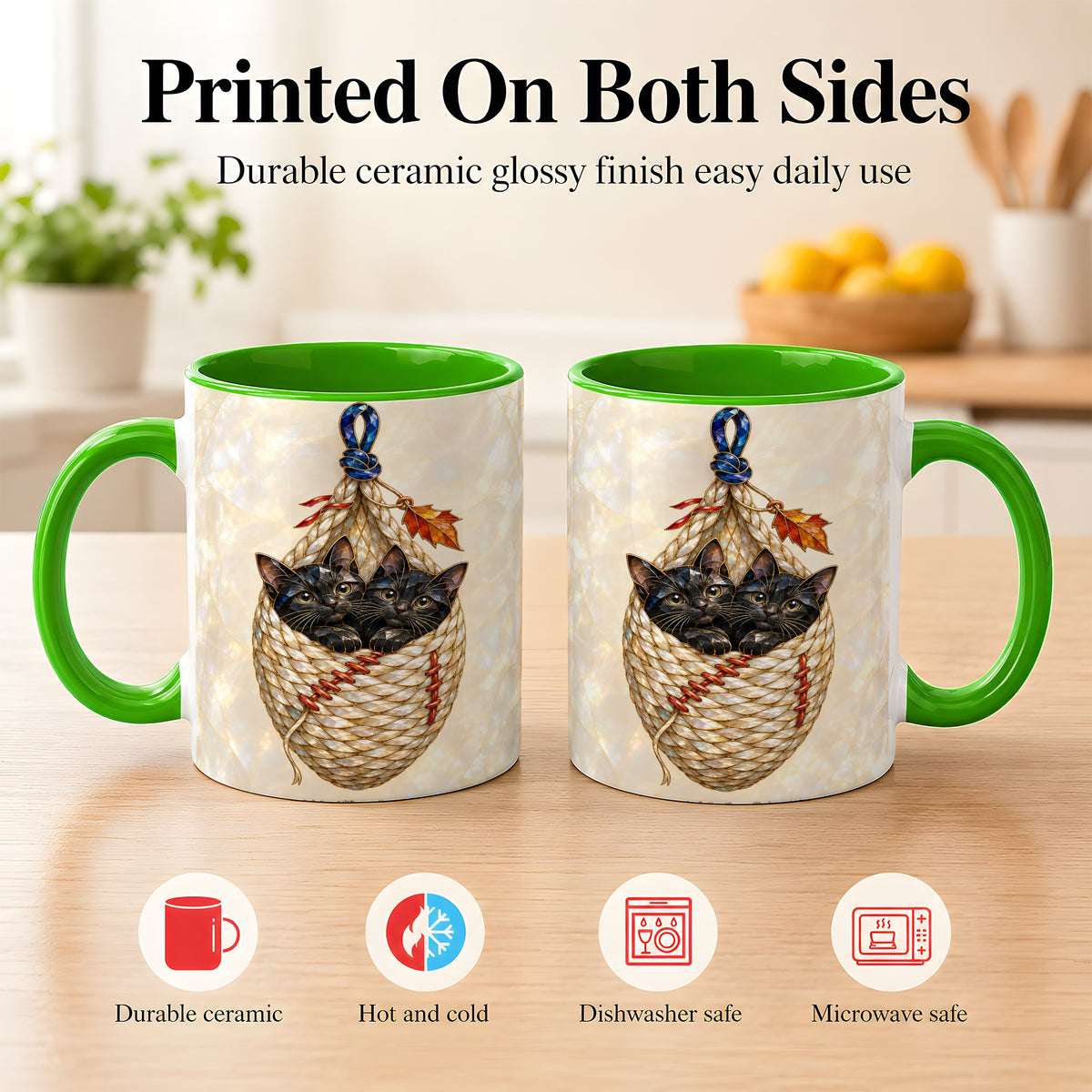 #pl[11oz|Green] Stained Glass Black Cats Coffee Mug, Cat Basket Mug, Ceramic Cup