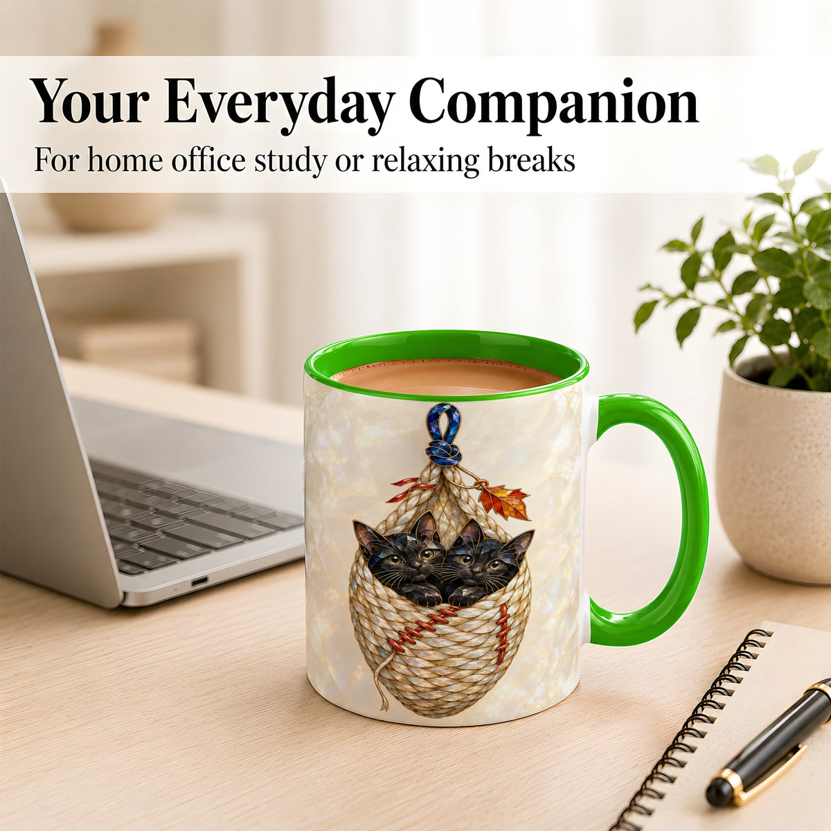 #pl[11oz|Green] Stained Glass Black Cats Coffee Mug, Cat Basket Mug, Ceramic Cup