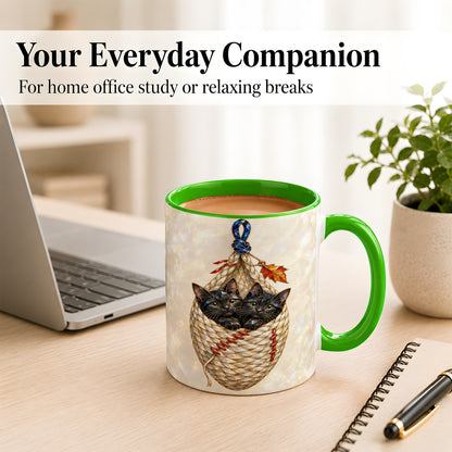 #pl[11oz|Green] Stained Glass Black Cats Coffee Mug, Cat Basket Mug, Ceramic Cup