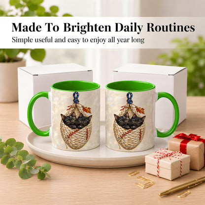#pl[11oz|Green] Stained Glass Black Cats Coffee Mug, Cat Basket Mug, Ceramic Cup
