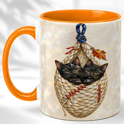 #pl[11oz|Orange] Stained Glass Black Cats Coffee Mug, Cat Basket Mug, Ceramic Cup