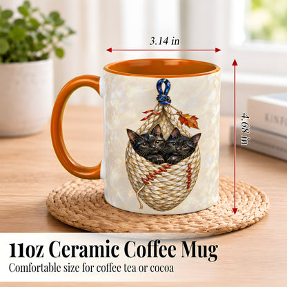 #pl[11oz|Orange] Stained Glass Black Cats Coffee Mug, Cat Basket Mug, Ceramic Cup