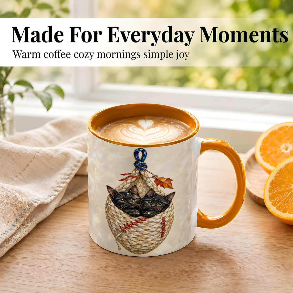#pl[11oz|Orange] Stained Glass Black Cats Coffee Mug, Cat Basket Mug, Ceramic Cup