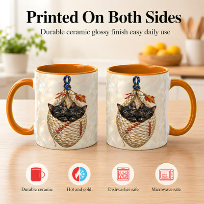 #pl[11oz|Orange] Stained Glass Black Cats Coffee Mug, Cat Basket Mug, Ceramic Cup