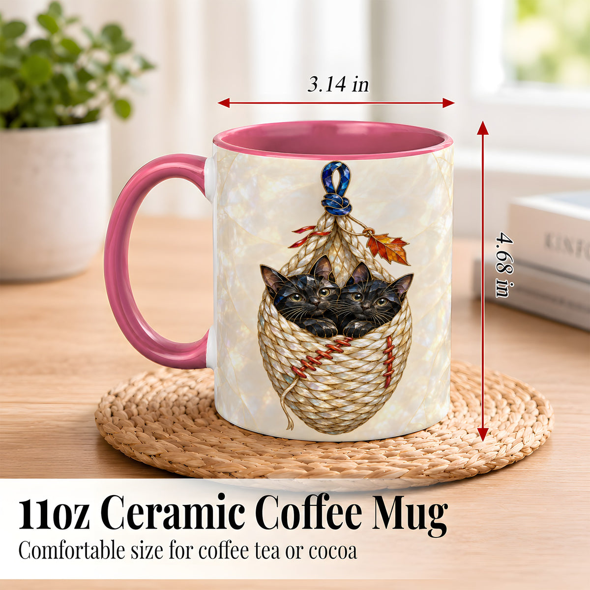 #pl[11oz|Pink] Stained Glass Black Cats Coffee Mug, Cat Basket Mug, Ceramic Cup