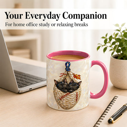 #pl[11oz|Pink] Stained Glass Black Cats Coffee Mug, Cat Basket Mug, Ceramic Cup