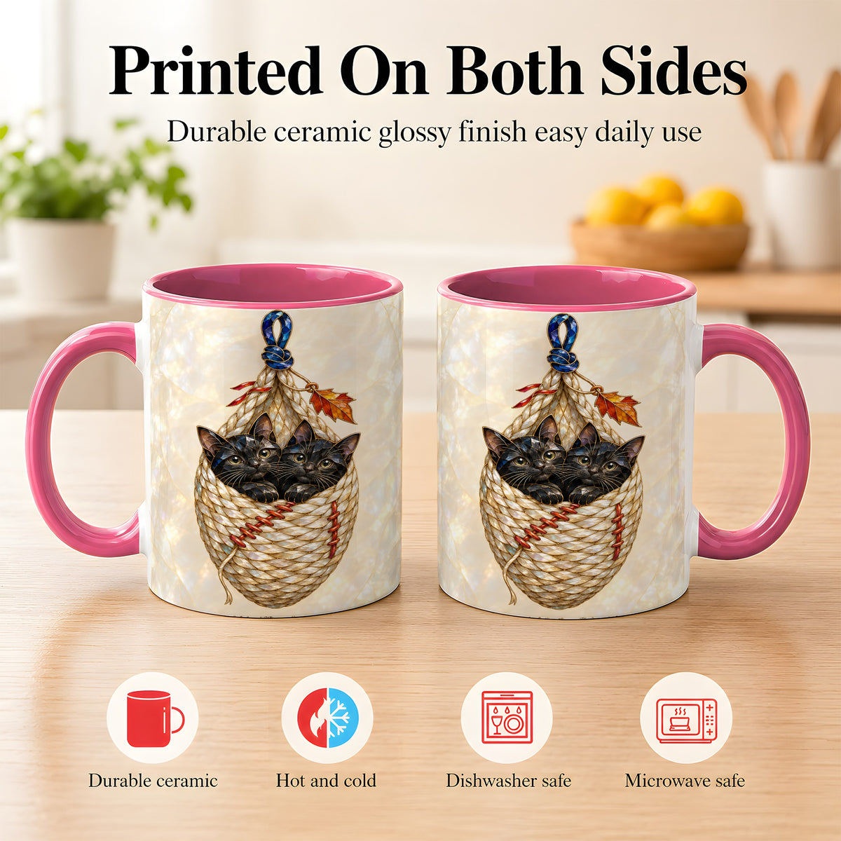#pl[11oz|Pink] Stained Glass Black Cats Coffee Mug, Cat Basket Mug, Ceramic Cup
