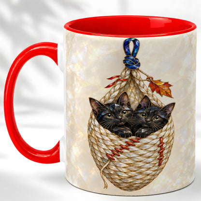 Stained Glass Black Cats Coffee Mug, Cat Basket Mug, Ceramic Cup