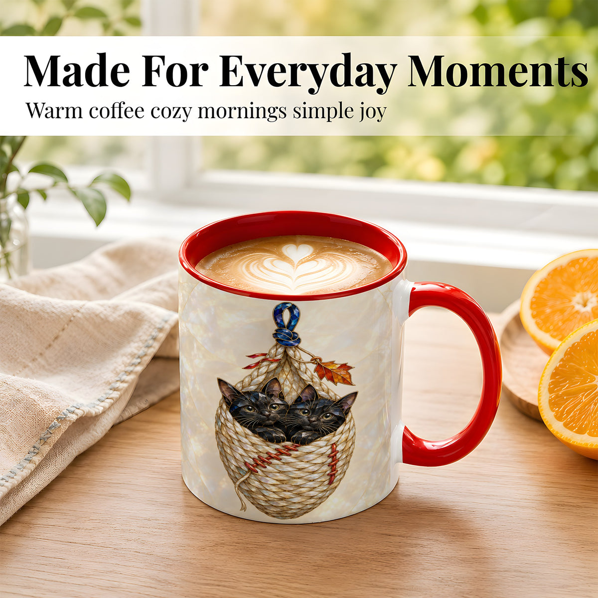 #pl[11oz|Red] Stained Glass Black Cats Coffee Mug, Cat Basket Mug, Ceramic Cup