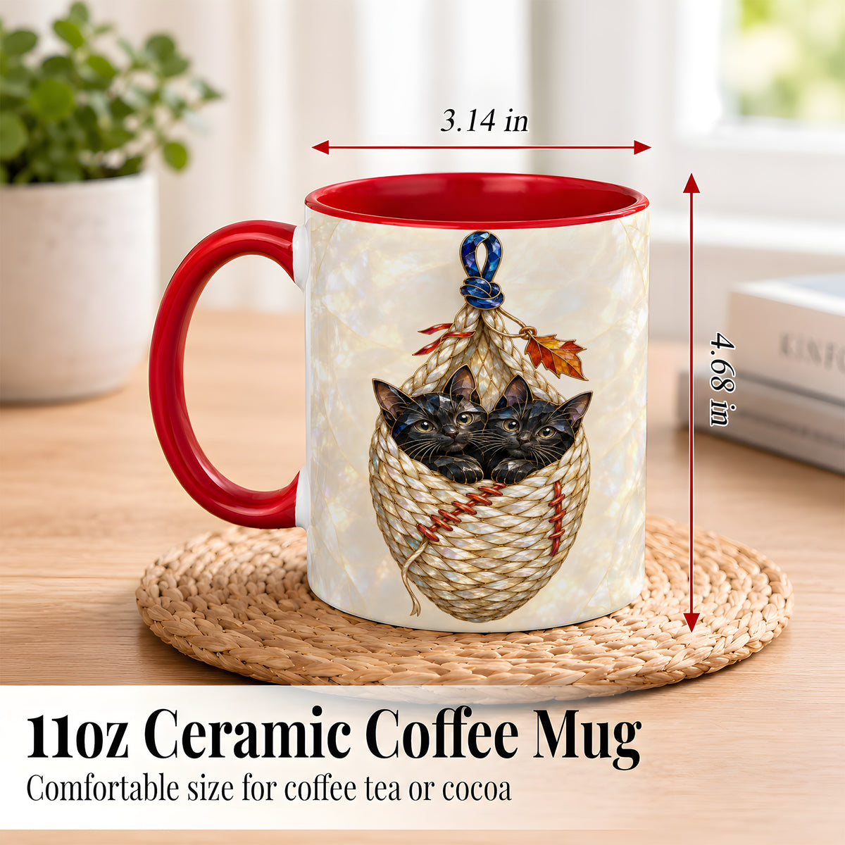 #pl[11oz|Red] Stained Glass Black Cats Coffee Mug, Cat Basket Mug, Ceramic Cup