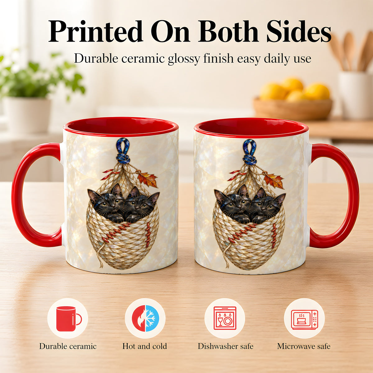 #pl[11oz|Red] Stained Glass Black Cats Coffee Mug, Cat Basket Mug, Ceramic Cup