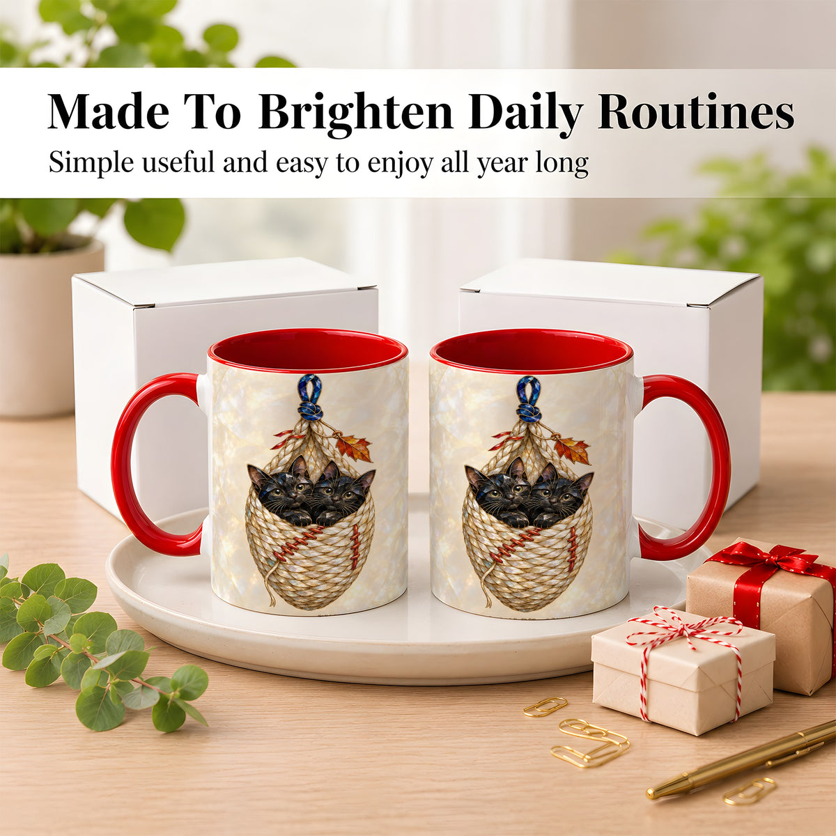#pl[11oz|Red] Stained Glass Black Cats Coffee Mug, Cat Basket Mug, Ceramic Cup