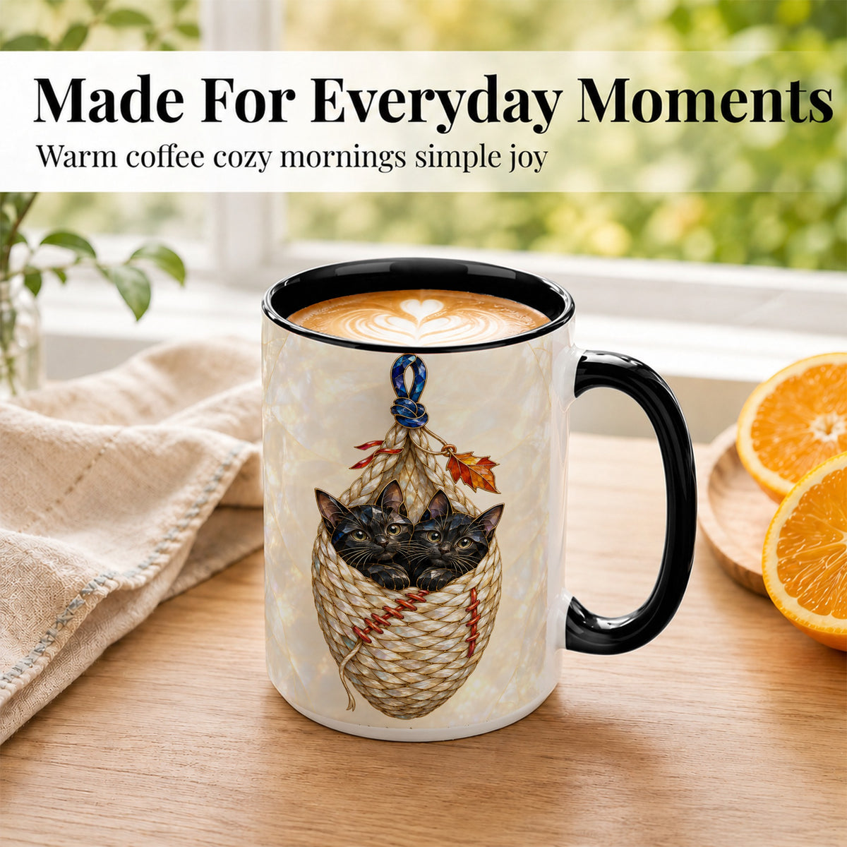 #pl[15oz|Black] Stained Glass Black Cats Coffee Mug, Cat Basket Mug, Ceramic Cup