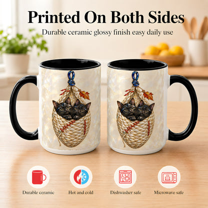 #pl[15oz|Black] Stained Glass Black Cats Coffee Mug, Cat Basket Mug, Ceramic Cup