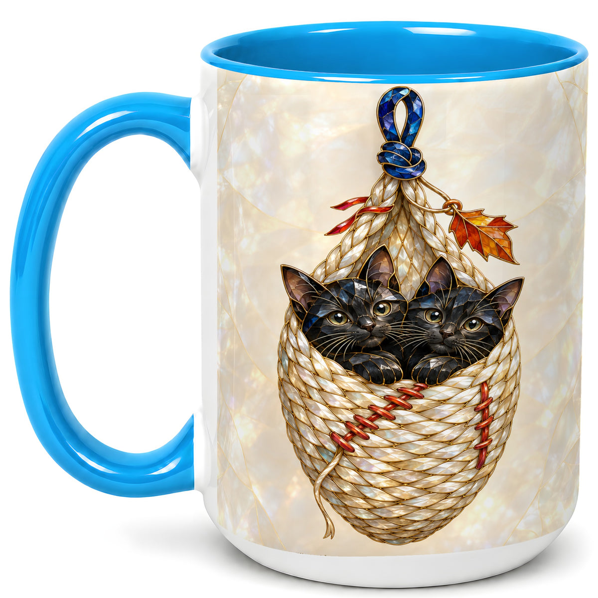 #pl[15oz|Blue] Stained Glass Black Cats Coffee Mug, Cat Basket Mug, Ceramic Cup