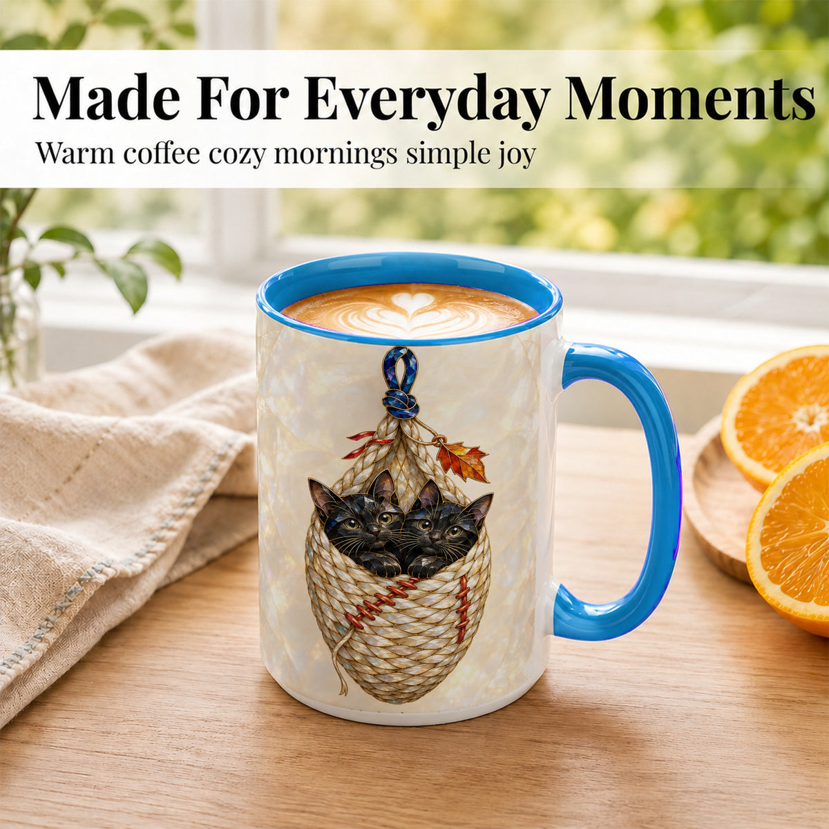 #pl[15oz|Blue] Stained Glass Black Cats Coffee Mug, Cat Basket Mug, Ceramic Cup