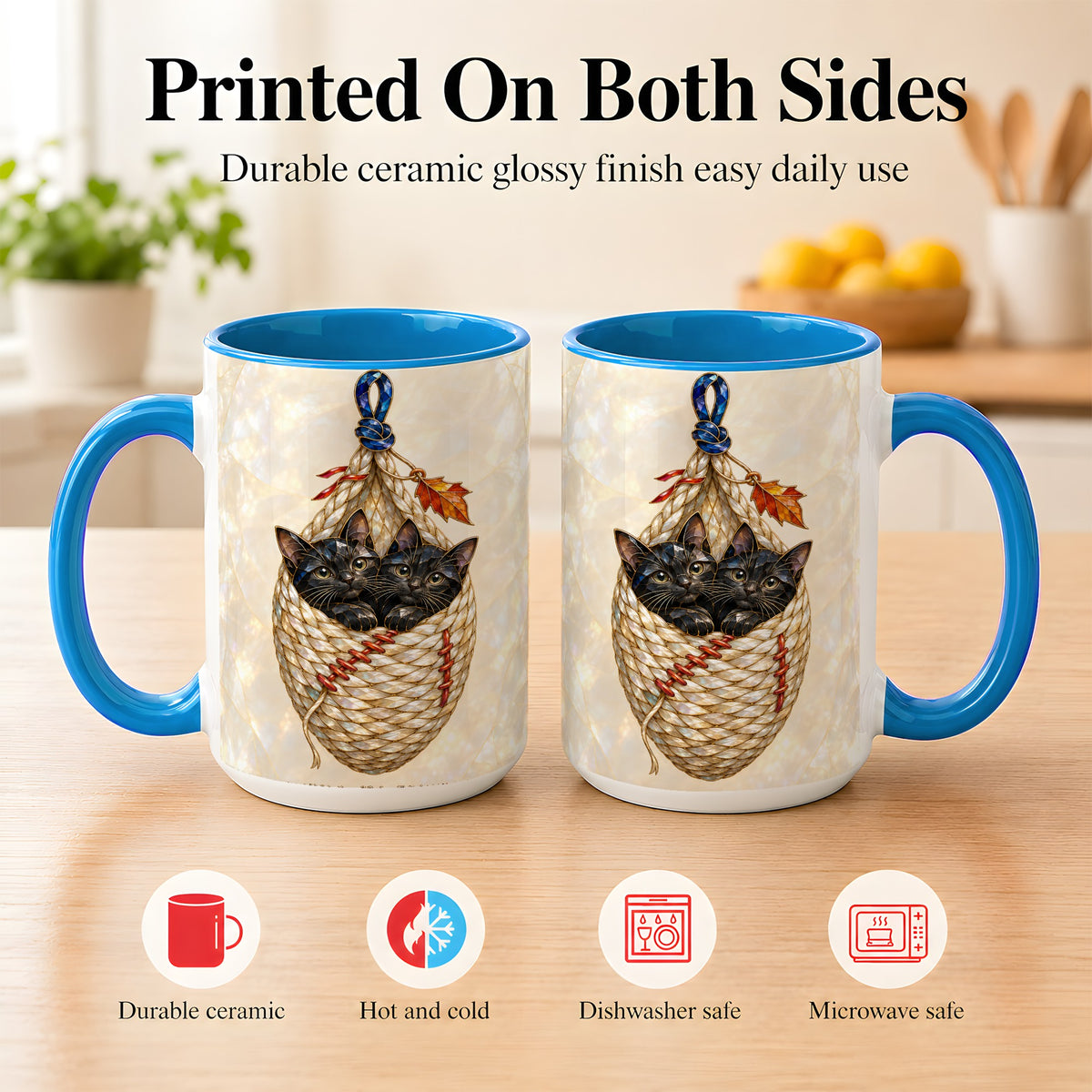 #pl[15oz|Blue] Stained Glass Black Cats Coffee Mug, Cat Basket Mug, Ceramic Cup