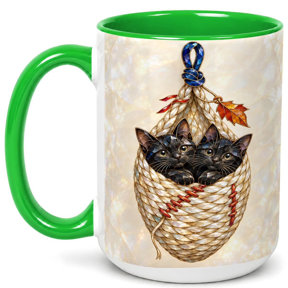 #pl[15oz|Green] Stained Glass Black Cats Coffee Mug, Cat Basket Mug, Ceramic Cup