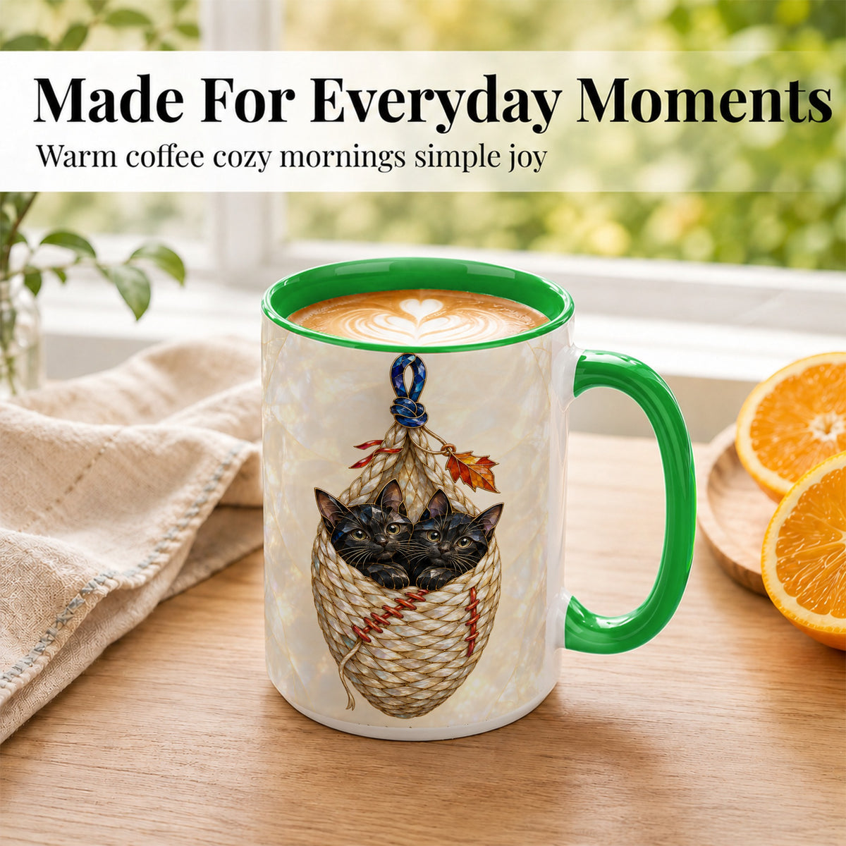 #pl[15oz|Green] Stained Glass Black Cats Coffee Mug, Cat Basket Mug, Ceramic Cup