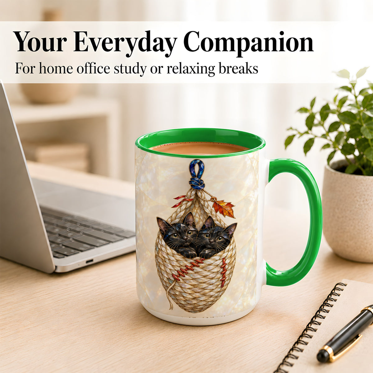 #pl[15oz|Green] Stained Glass Black Cats Coffee Mug, Cat Basket Mug, Ceramic Cup