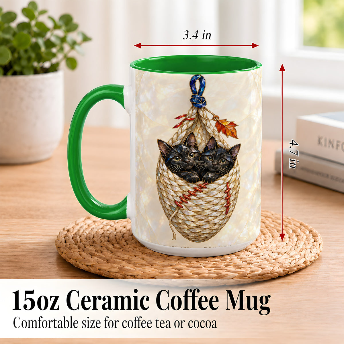 #pl[15oz|Green] Stained Glass Black Cats Coffee Mug, Cat Basket Mug, Ceramic Cup