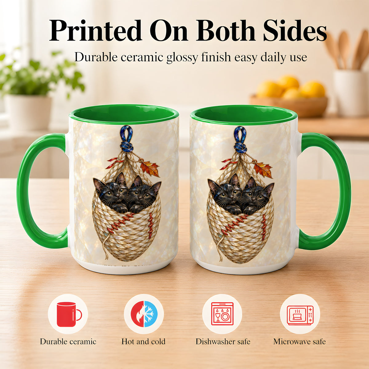 #pl[15oz|Green] Stained Glass Black Cats Coffee Mug, Cat Basket Mug, Ceramic Cup