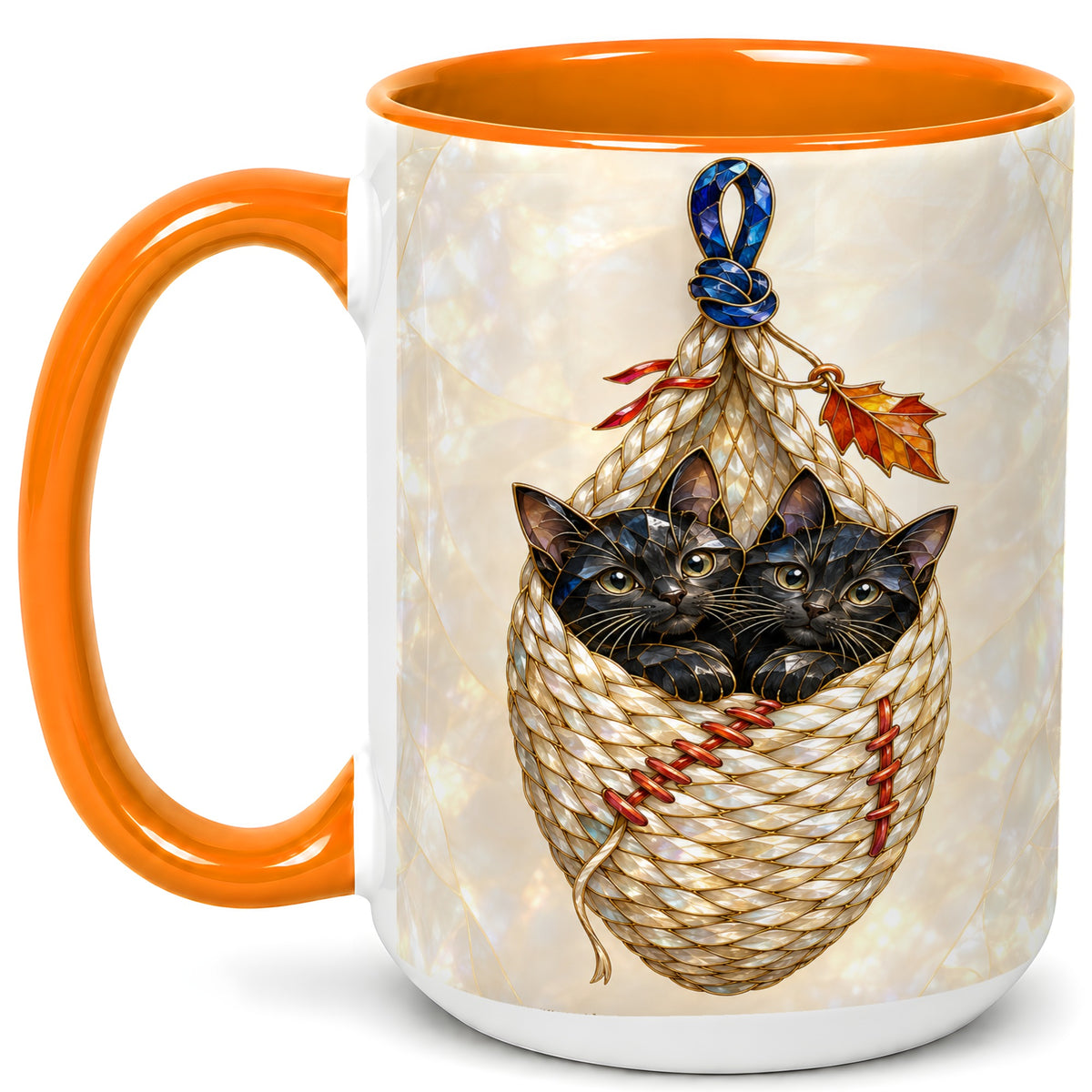 #pl[15oz|Orange] Stained Glass Black Cats Coffee Mug, Cat Basket Mug, Ceramic Cup