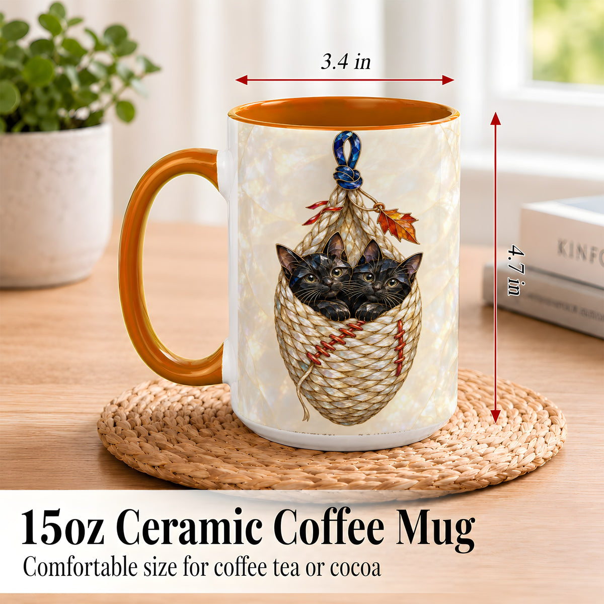 #pl[15oz|Orange] Stained Glass Black Cats Coffee Mug, Cat Basket Mug, Ceramic Cup